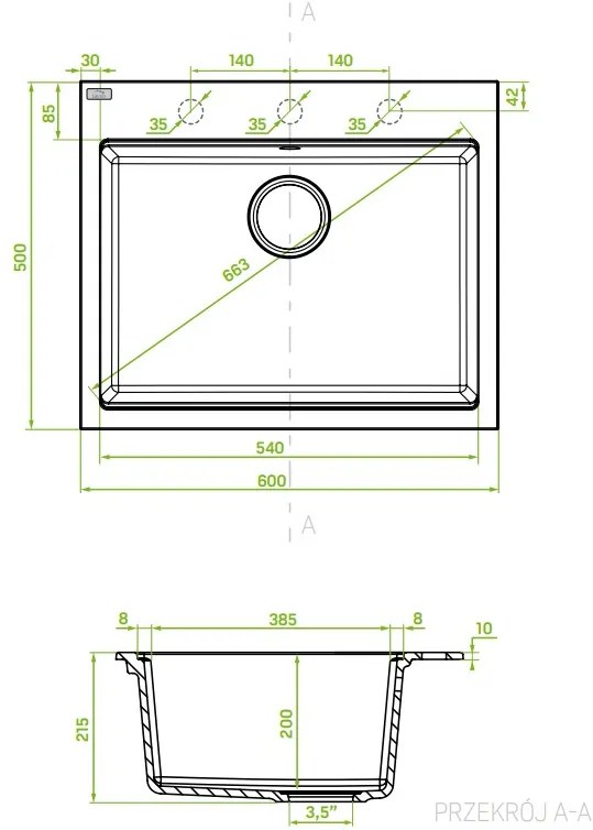 Laveo Tau, 1-komorový granitový drez 600x500x215 mm, čierna škvrnitá, LAV-SBT_7106