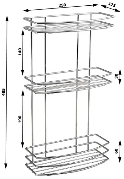 Aqualine - Trojposchodová nástenná polica do sprchy CHRÓM LINE lesklý chróm