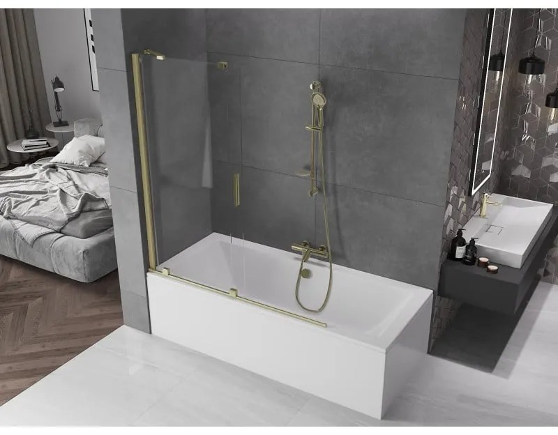 Mexen Velar, 2-krídlová posuvná vaňová zástena 140 x 150 cm, 8mm číre sklo, zlatý matný profil, 896-140-000-01-55