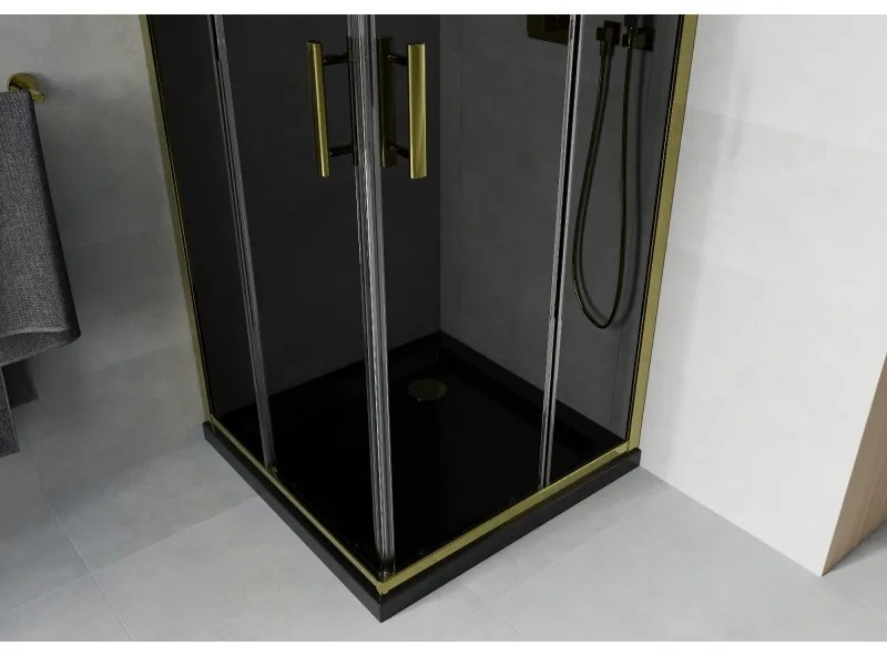Mexen Rio, štvorcový sprchovací kút s posuvnými dverami 90(dvere) x 90(dvere) x 190 cm, 6mm šedé sklo, zlatý profil + čierna sprchová vanička SLIM, 860-090-090-50-40-4070G