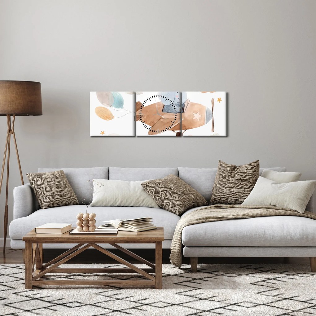 Obraz - Akvarelový slon v lietadle (s hodinami) (90x30 cm)