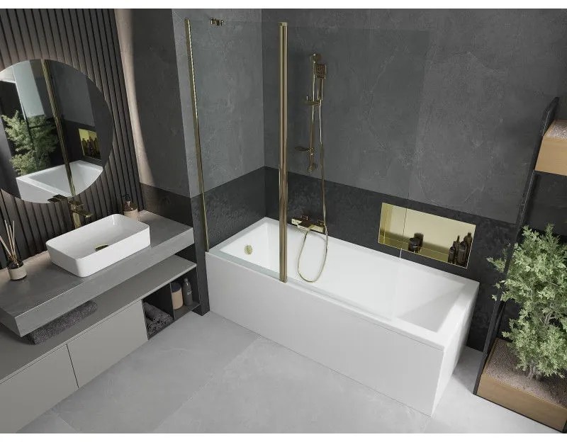 Mexen Flip, vaňová zástena 1-krídlová 140 x 150 cm, otočné krídlo, 6 mm číre sklo, zlatý profil, 894-140-101-50-00