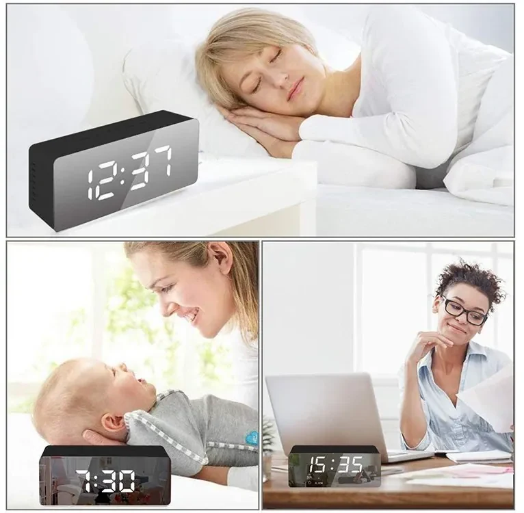 Verk 01457 Multifunkčné zrkadlové hodiny s budíkom a teplomerom čierne
