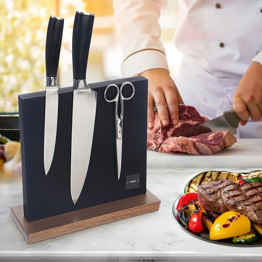 Orion Magnetický stojan na nože, čierny s drevom