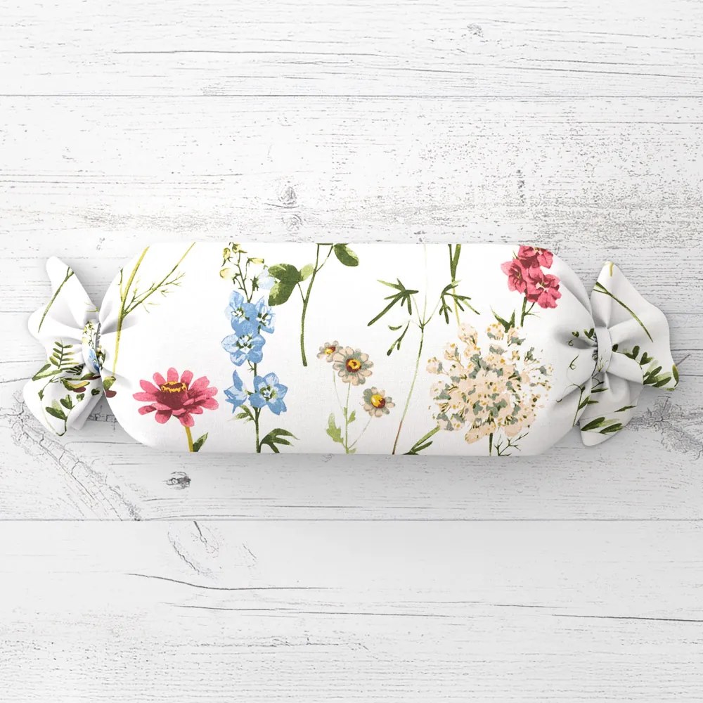 Biante Vankúš valec bonbon Sandra SA-667 Veľké lúčne kvety na bielom 15x40 cm