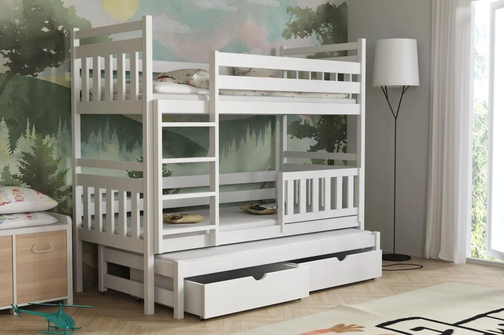 Detská poschodová posteľ z masívu borovice PETR s prístelkou a šuplíky - 200x90 cm - BIELA