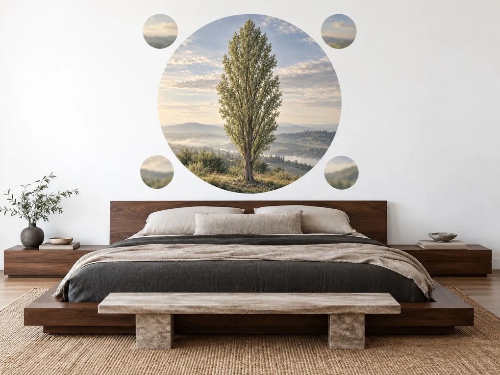 Štíhly topoľ v rannej krajine elegantné okrúhle textilné nálepky na stenu do spálne hárok 46 x 46 cm