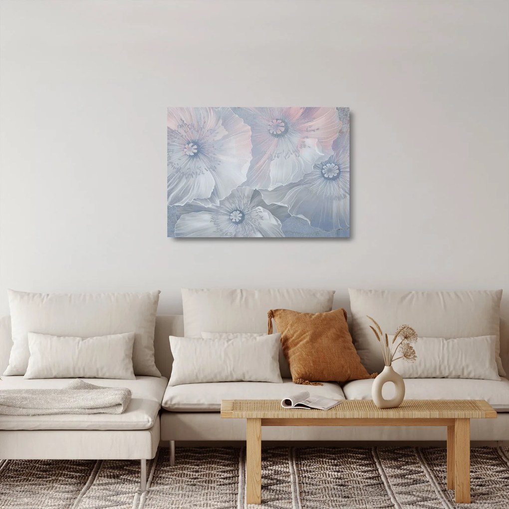 Sklenený obraz - Modré kvety na stene (70x50 cm)