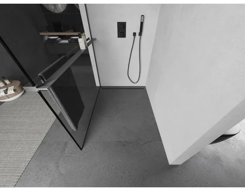 Mexen Kioto+, sprchová zástena Walk-In s poličkou a vešiakom 110 x 200 cm, 8mm číre sklo čierny vzor, grafitový profil, 800-110-121-66-70