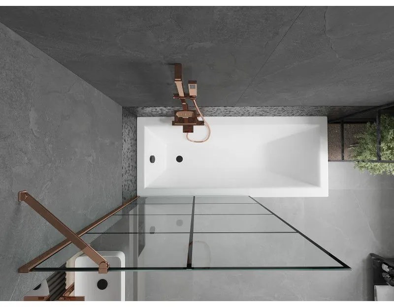 Mexen Next, vaňová zástena 1-krídlová 100 x 150 cm, fixné krídlo, 6 mm číre sklo s čiernym vzorom, ružové zlato profil, 895-100-000-00-77-60