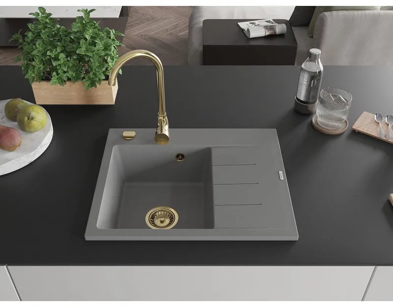 Mexen Ben, 1-komorový granitový drez 600x500x190 mm, ľavý + zlatý sifón, šedá, 6522605000-71-G