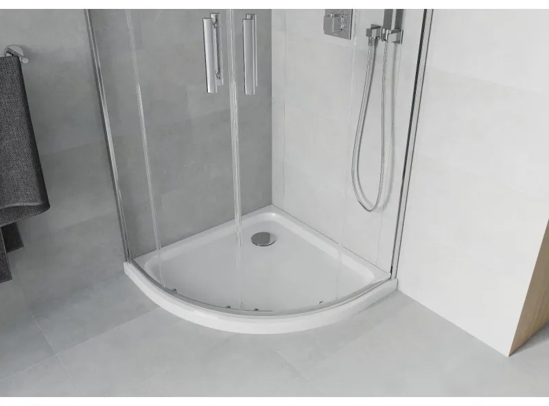 Mexen Rio, štvrťkruhový sprchovací kút s posuvnými dverami 90 x 90 cm, 6mm číre sklo, chrómový profil + biela sprchová vanička, 863-090-090-01-00-4110