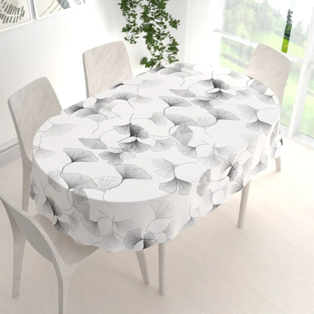 Biante Bavlnený oválny obrus Sandra SA-512 Sivo-biele ginkgo listy na bielom 50x100 cm
