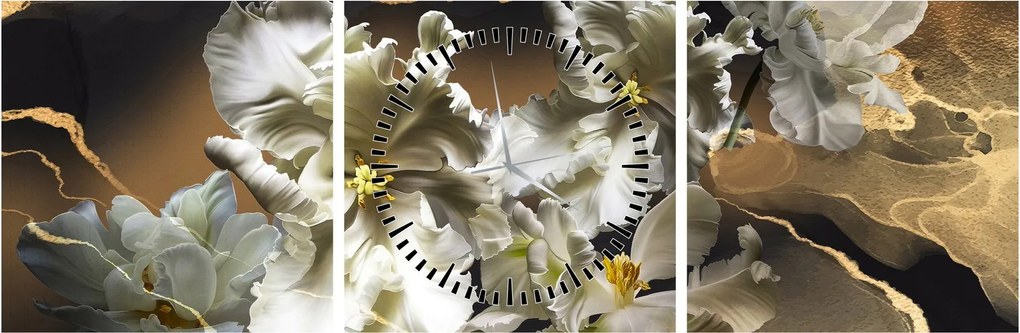 Obraz - Kvety orchideí na mramorovom pozadí (s hodinami) (90x30 cm)
