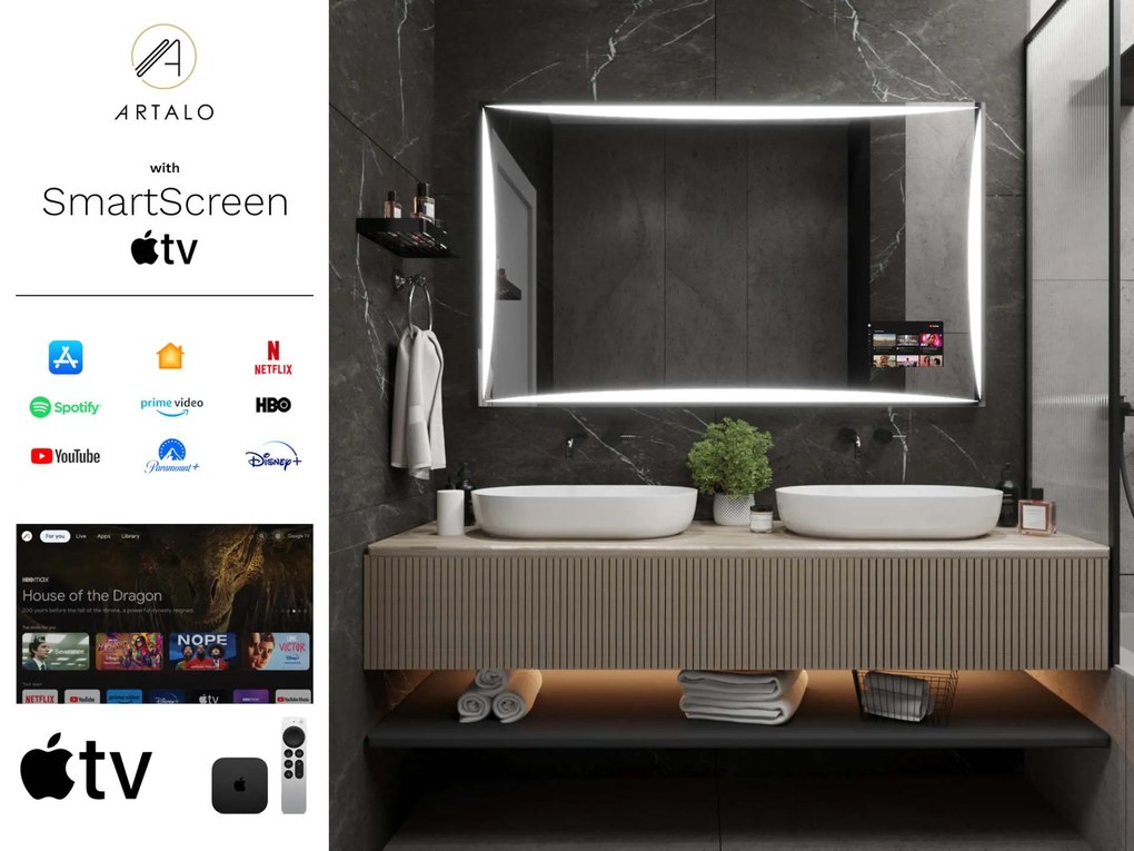 SMART Zrkadlo do kúpeľne s LED osvetlením M5 premium + SmartScreen with Apple TV
