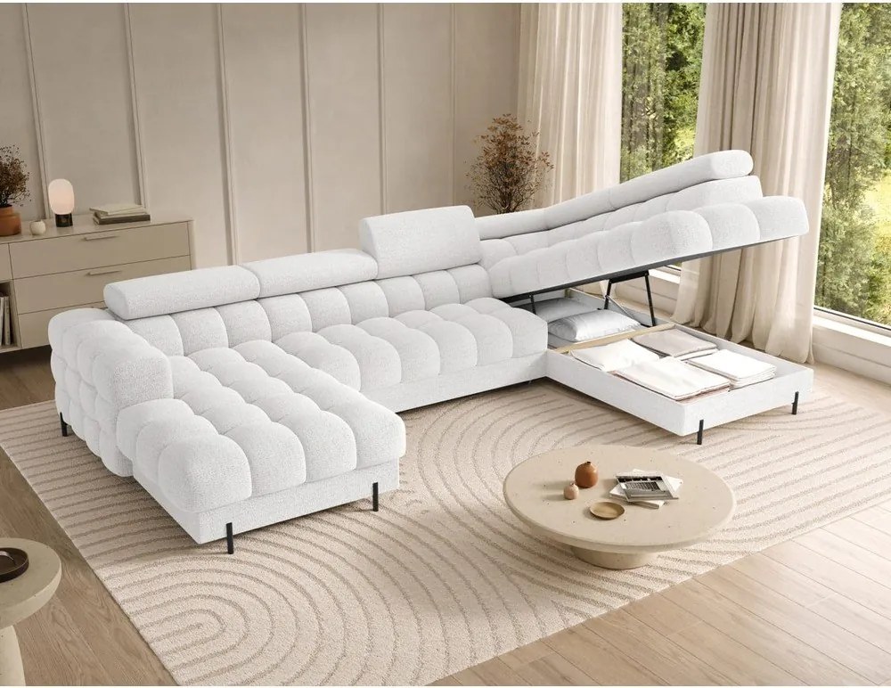 Krémovobiela rozkladacia rohová pohovka z textílie buklé (pravý roh/do tvaru "U") Feraria – ELTAP