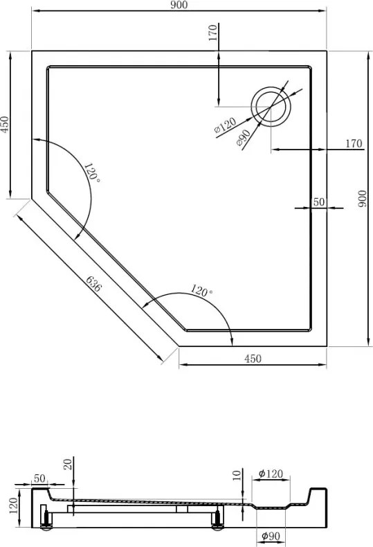 Mexen Flow+ päťuholníková sprchová vanička 90 x 90 cm, čierna matná, 46P709090H