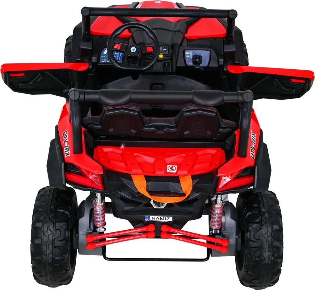 Ramiz UTV-MX batériová bugina pre deti Červená + pohon 4x4 + diaľkové ovládanie + LED zvuk + úložný priestor + EVA + pomalý štart