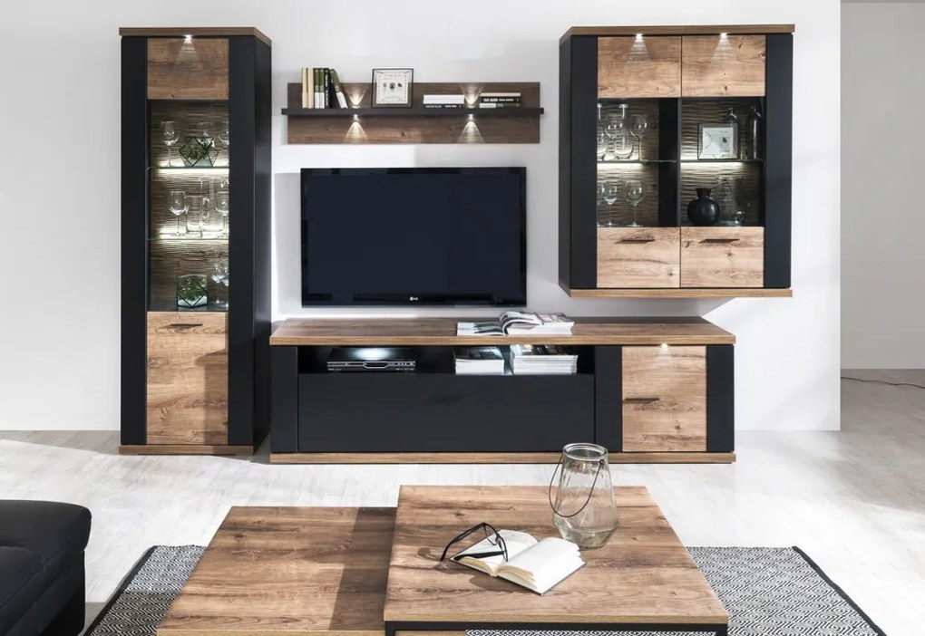 Široká nástenná vitrína Boston, čierna/dub ribbeck, s osvetlením