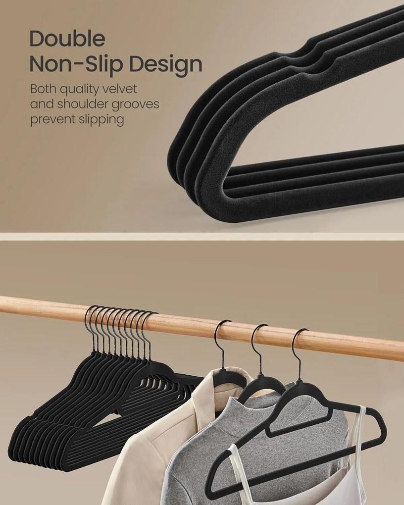 SONGMICS zamatové vešiaky, 50 kusová sada vešiakov na oblečenie, atramentovo čierna