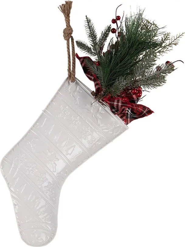 Biela kovová vianočná závesná dekorácia pančucha so zeleňou a mašľou - 25*6*62 cm