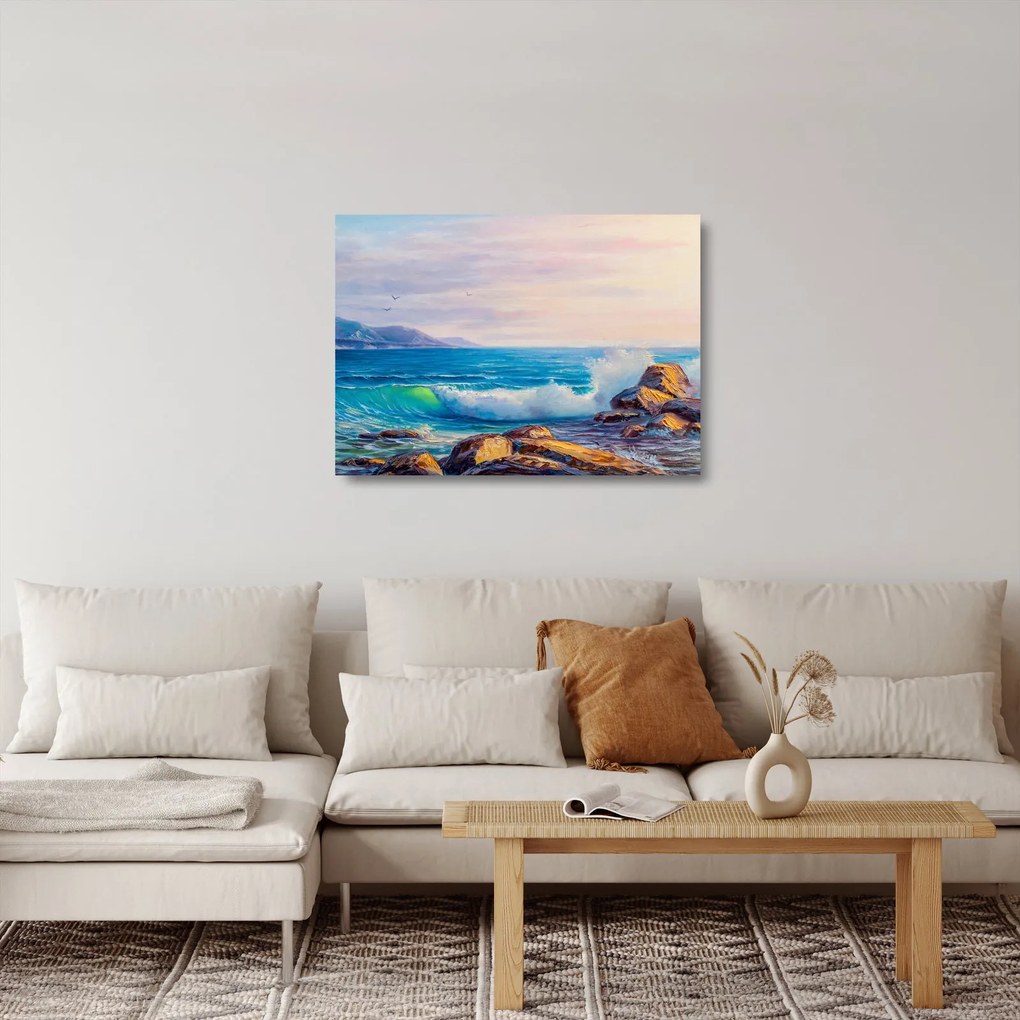 Sklenený obraz vĺn narážajúcich na útesy, olejomaľba (70x50 cm)