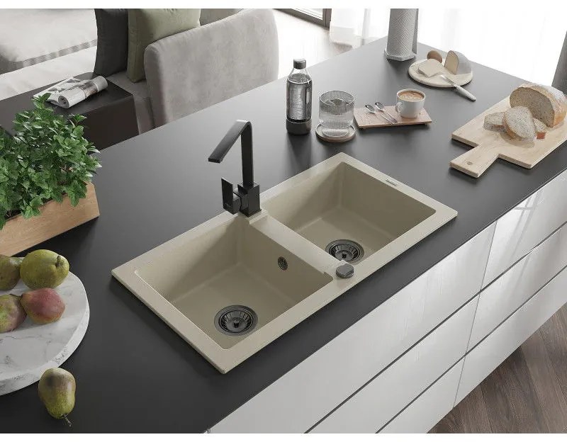 Mexen Mario, granitový drez 820x436x161 mm, 2-komorový, béžová s čiernym sifónom a čierna drezová batéria Rita, 6504-69-670300-70