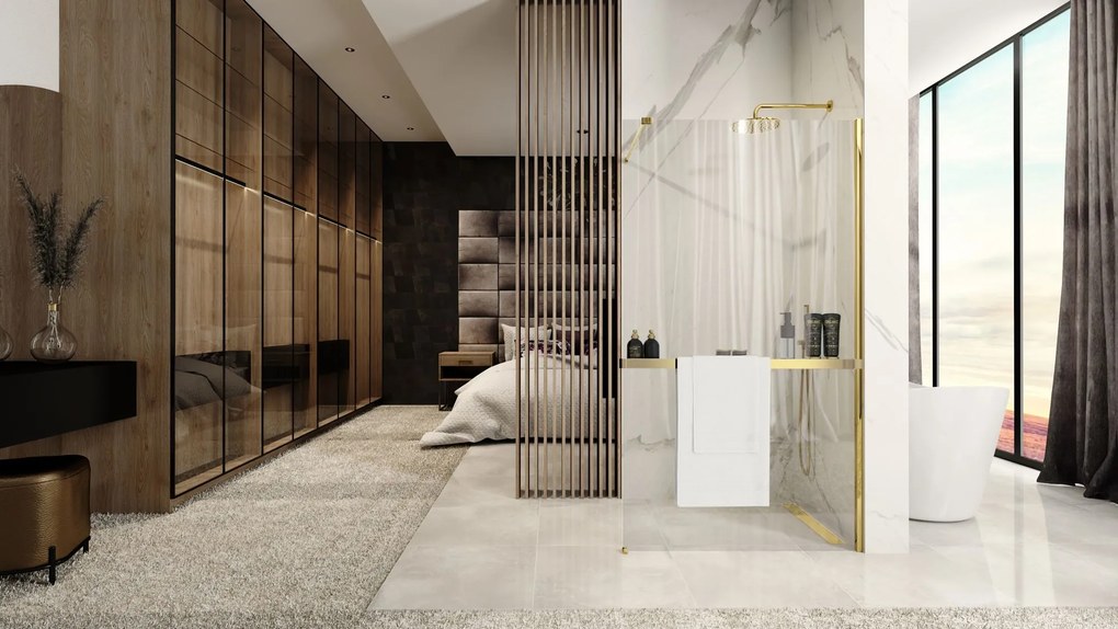 Rea Aero, sprchová zástena typu Walk-In 110cm, 8mm číre sklo, zlatý lesklý profil + polička a vešiak EVO, KPL-K8441