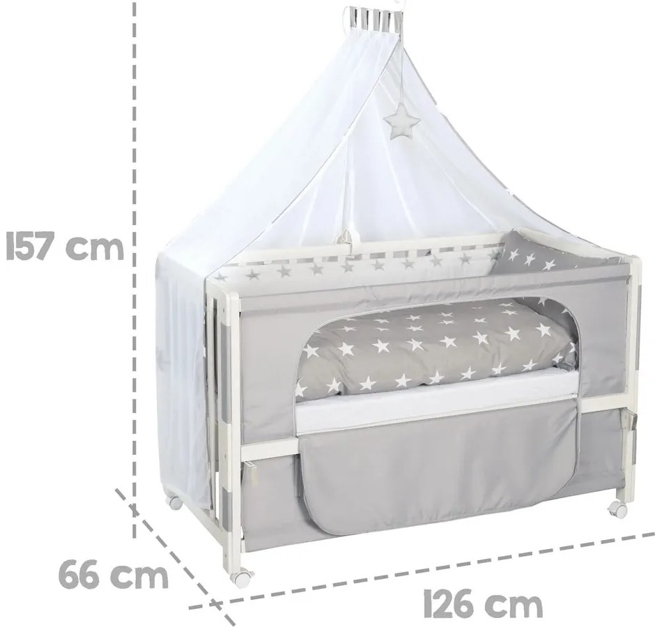 Biela postieľka na kolieskach s baldachýnom 60x120 cm Little stars – Roba