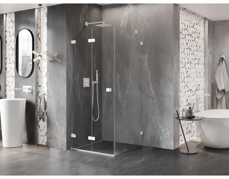 Mexen Lunar-F, skladací sprchový kút ľavý 80 x 80 cm, 8mm číre sklo, biely profil, 836-080-080-20-00-L