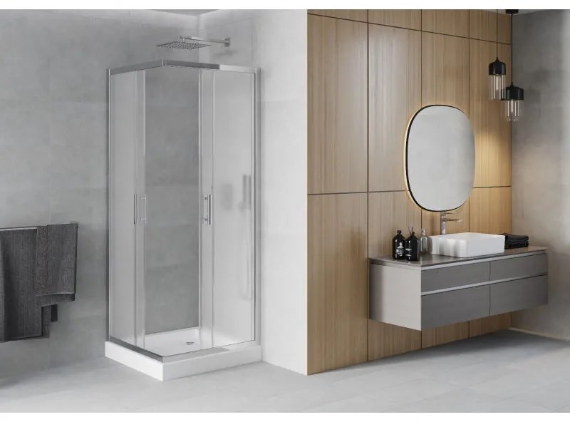 Mexen Rio, štvorcový sprchovací kút s posuvnými dverami 80(dvere) x 80(dvere) x 190 cm, 6mm sklo námraza, chrómový profil + biela sprchová vanička RIO, 860-080-080-01-30-4510
