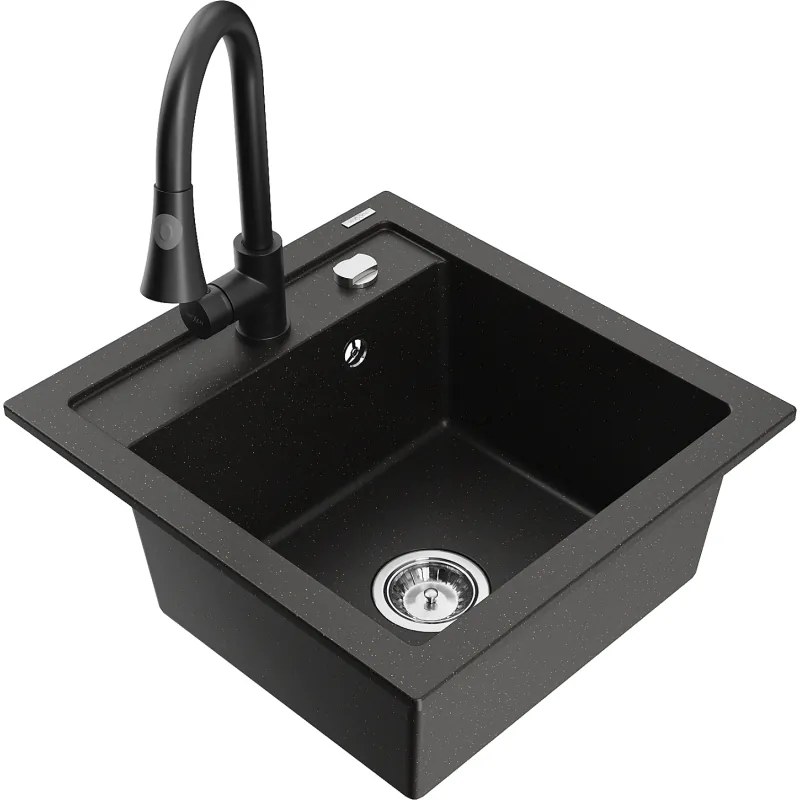 Mexen Vito, 1-komorový granitový drez 490x520x210 mm a drezová batéria Elia, čierna-zlatá metalíza, 6503-75-670101-70