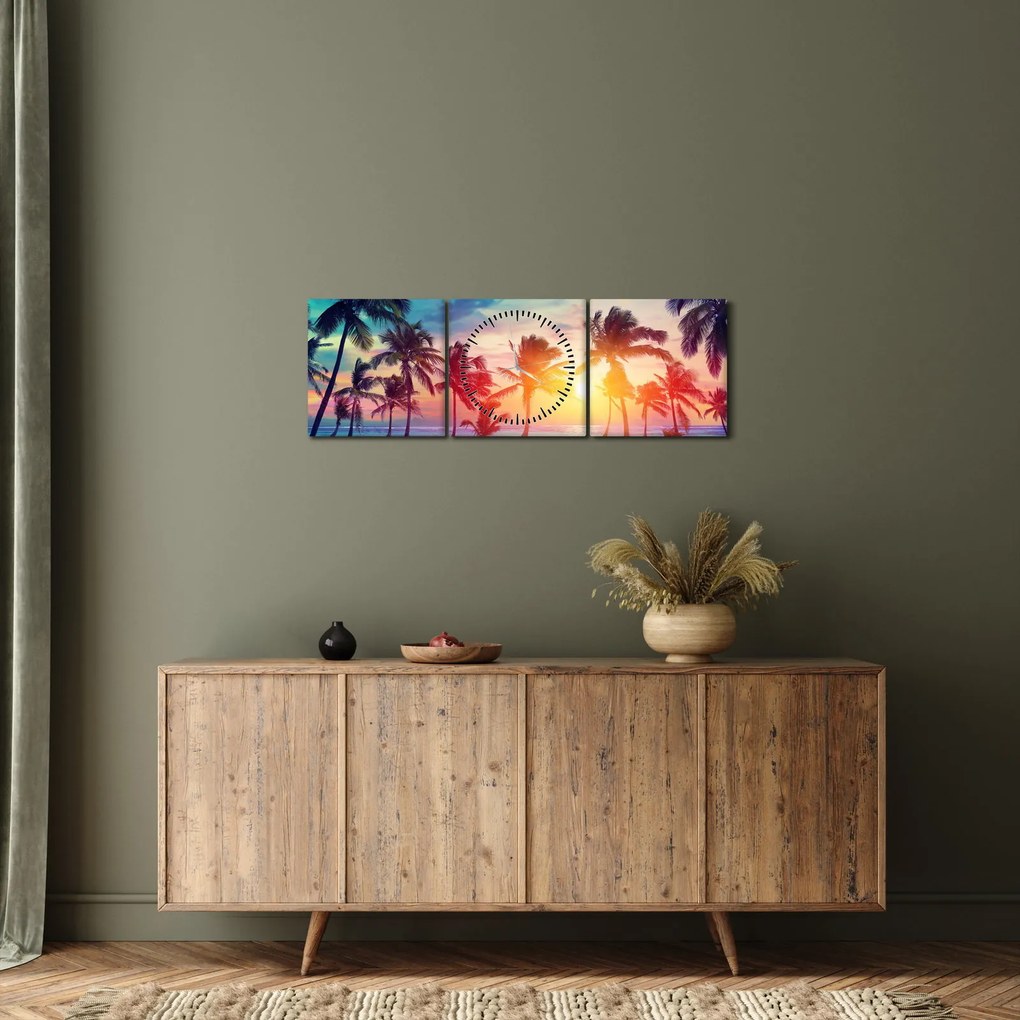Obraz - Tropický západ slnka (s hodinami) (90x30 cm)