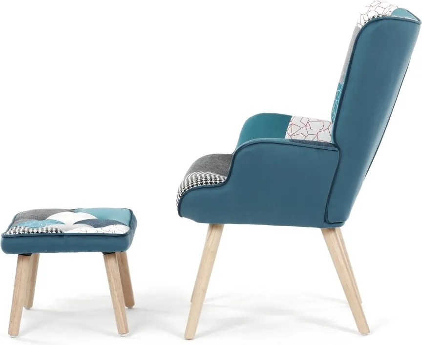 Relaxačné kreslo ušiak LISA + taburet — masív, látka, modrý patchwork
