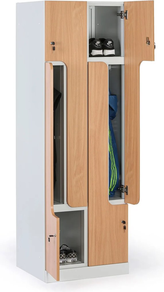 Kovová šatníková skrinka S1 Z, 4 oddiely, 1850 x 600 x 500 mm, demont, cylindrický zámok, laminované dvere, buk