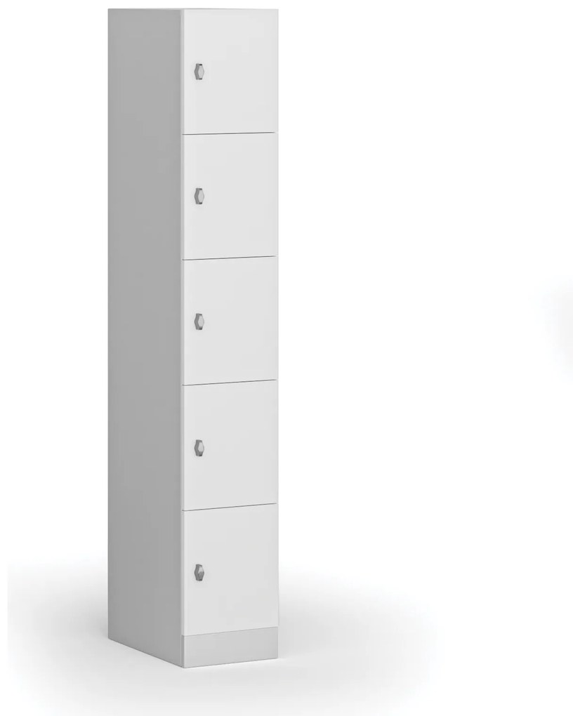 Šatníková skrinka s úložnými boxmi, 5 boxov, 1850 x 300 x 500 mm, otočný zámok, laminované dvere, biela