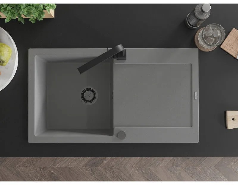 Mexen Leo, drez granitový 900x500x190 mm, 1-komorový, šedý s čiernym sifónom a čierna drezová batéria Rita, 6501-71-670300-70-B