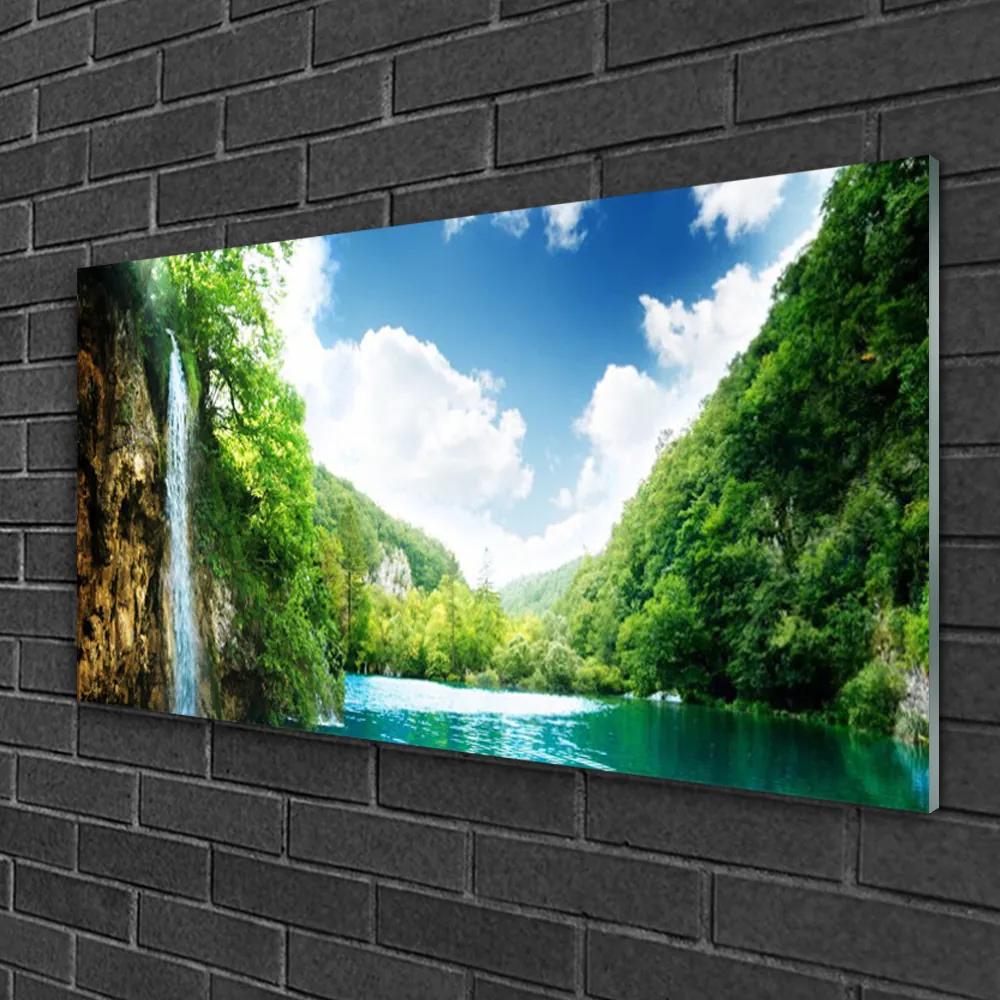 Skleneny obraz Hora les jazero príroda 125x50 cm
