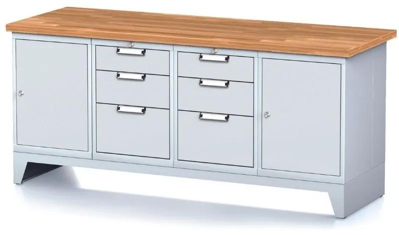Alfa 3 Dielenský stôl MECHANIC I, 2 skrinky a 2x 3 zásuvkový box na náradie, 6 zásuviek, 2000x700x880 mm, sivé dvere