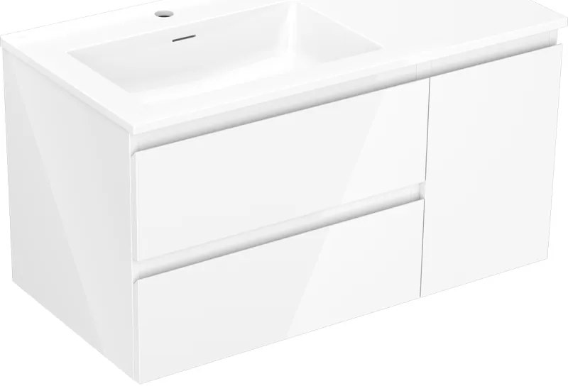 Mexen Orio, kúpeľňová skrinka 90 cm s umývadlom Otis vľavo, 2S, 1D, biela lesklá, 91A13-09047-3-BBFFF00-W18L00