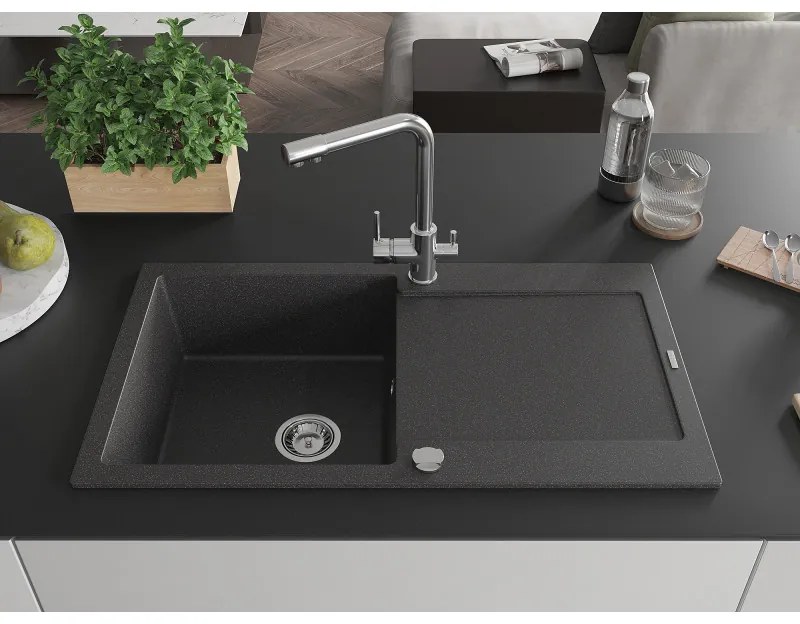 Mexen Leo, drez granitový 900x500x190 mm, 1-komorový a chrómová batéria Duero, čierna škvrnitá, 6501-76-671600-00