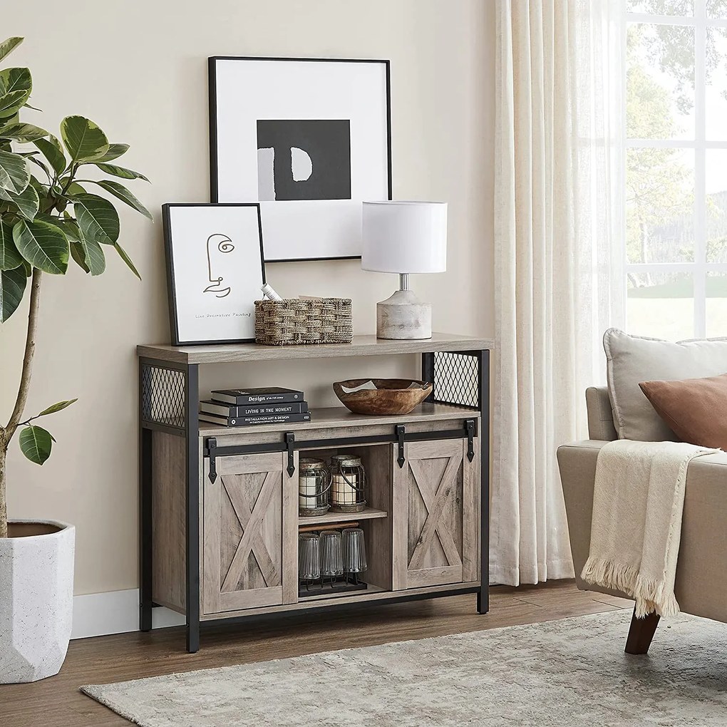 Skrinka s 2 posuvnými dverami, príborník, greige a čierna