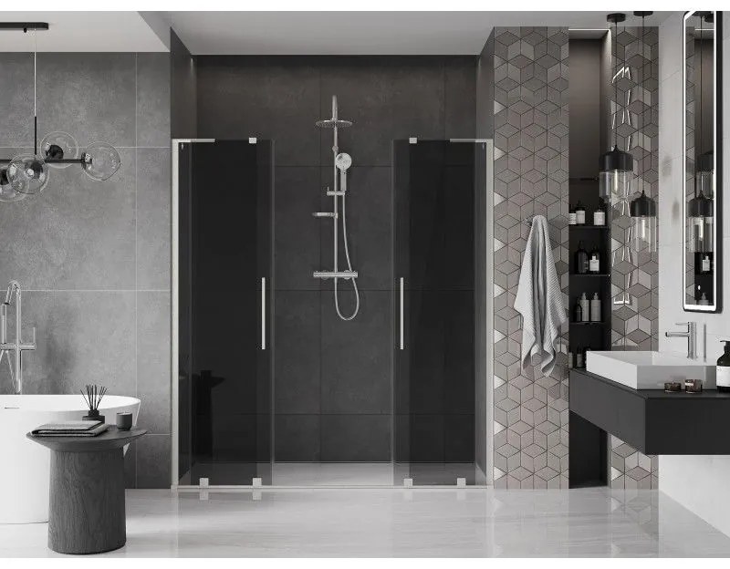 Mexen Velar L Duo, posuvné sprchové dvere do otvoru 180 cm, 8mm šedé sklo, brúsená oceľ, 871-180-003-42-97