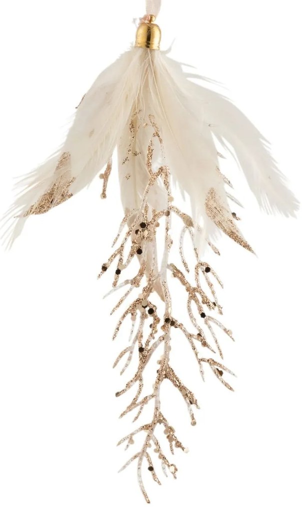 Závesná ozdoba vetvička so zlatými glitrami a bielymi pierkami - 8*2*18 cm