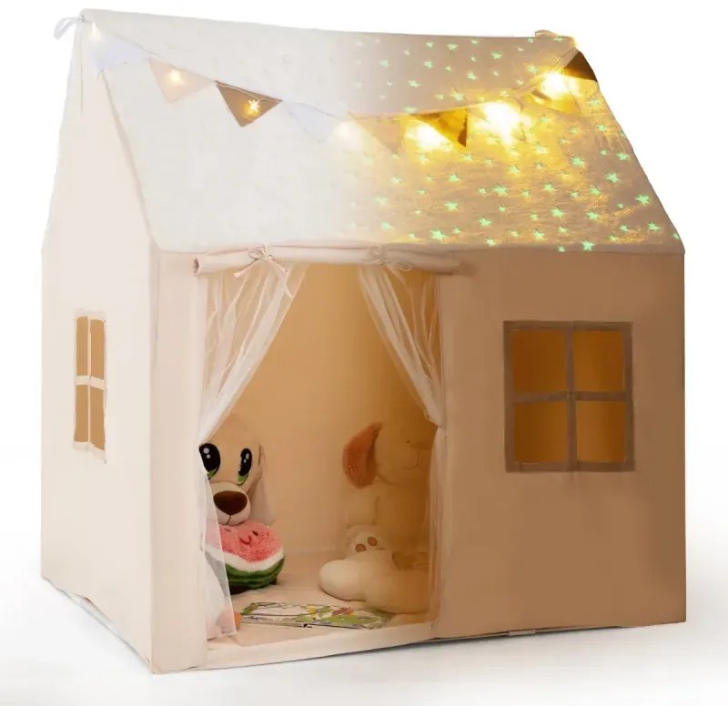 Playhouse Detský vnútorný detský stan s polstrovanou podložkou a svetlami Starlights 119 x 104 x 129 cm Béžová