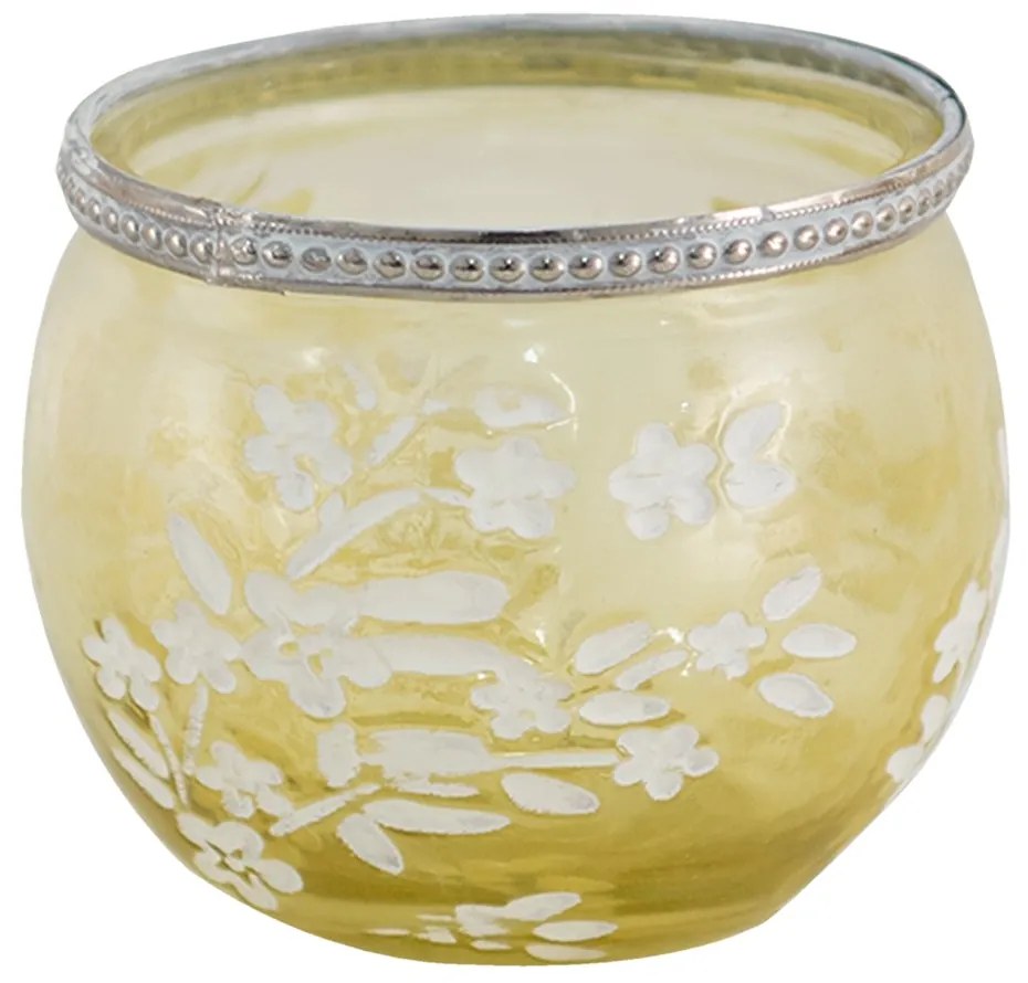 Žltý sklenený svietnik na čajovú sviečku s kvetmi Teane - Ø 10*9 cm