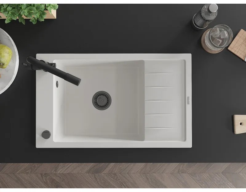 Mexen Elias, 1-komorový granitový drez s odkvapkávačom 795x480x200 mm a čierna batéria Duero, biela, 6511-20-671600-70