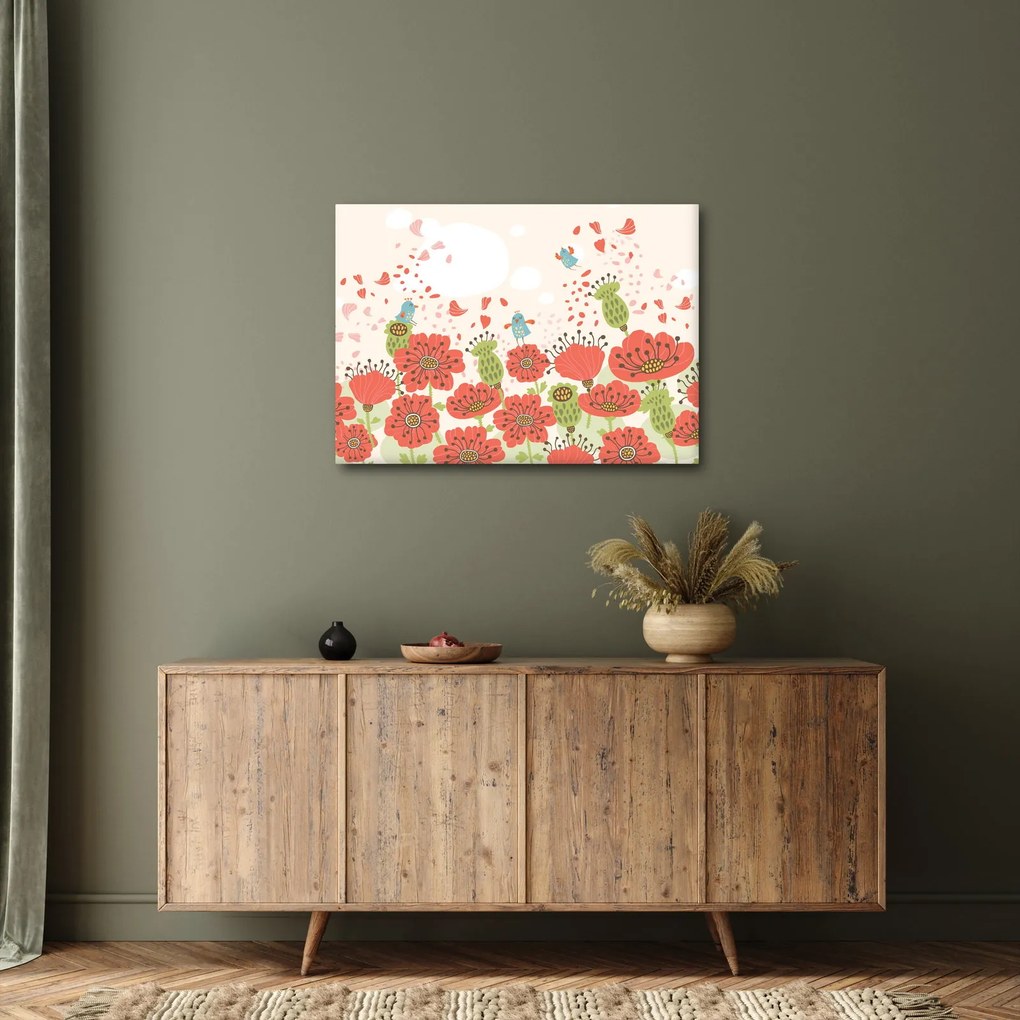 Obraz - Vtáčiky na rozkvitnutej lúke (70x50 cm)