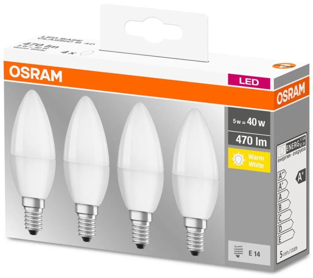 4PAK LED žiarovka E14 B35 5W = 40W 470lm 2700K Warm 300° OSRAM Base