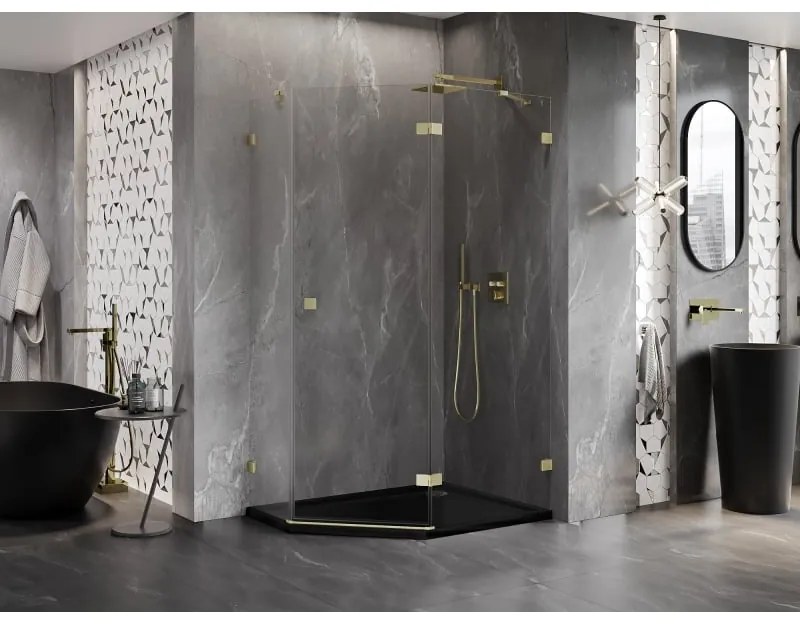 Mexen Lunar, päťuholníkový sprchový kút s pravým sklonom 90 x 80 cm, 8mm číre sklo, zlatý matný profil, 831-090P-080L-55-00-P